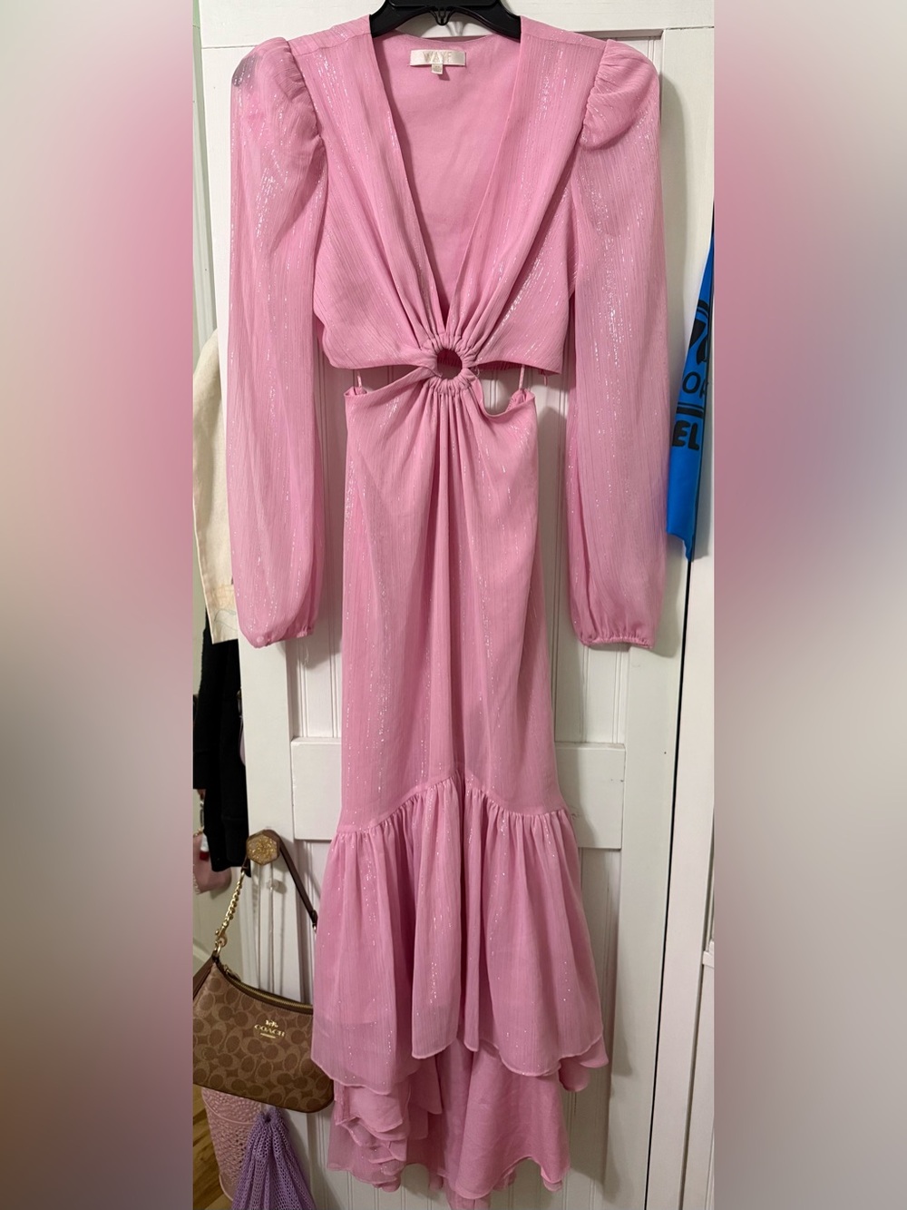 Wayf Pink Shimmer High-Low Cutout Maxi Dress